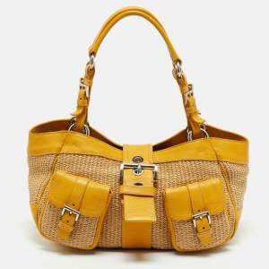 Pre Owned Prada Yellow/Natural Raffia and Leather Front Pocket Satchel