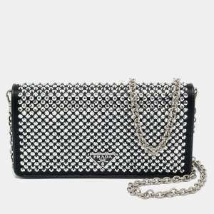 Pre Owned Prada Black Satin Crystal Embellished Wallet on Chain