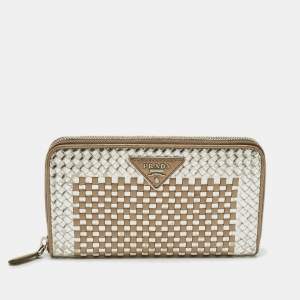 Pre Owned Prada Silver/Gold Woven Madras Leather Zip Continental Wallet