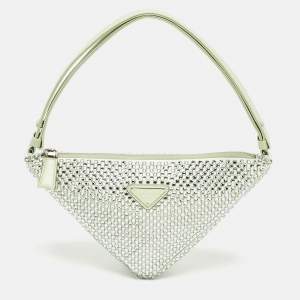 Pre Owned Prada Mint Green Satin Crystal Studded Triangle Shoulder Bag