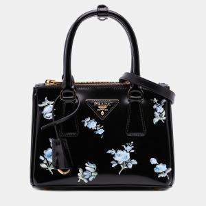 Pre Owned Prada Black Mini Brushed Leather Floral Print Galleria Double Zip Satchel