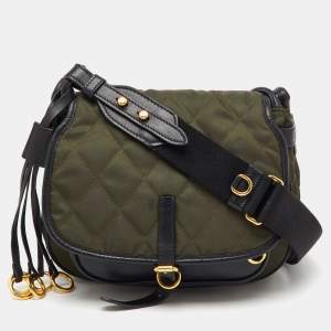 Pre Owned Prada Black/Green Leather and Nylon Corsaire Crossbody Bag