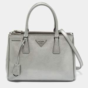 Pre Owned Prada Metallic Grey Saffiano Lux Leather Small Galleria Double Zip Tote
