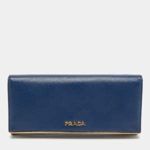 Pre Owned Prada Blue Saffiano Leather Metal Bar Flap Continental Wallet