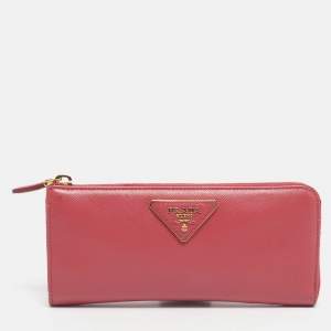 Pre Owned Prada Pink Saffiano Metal Leather Zip Continental Wallet