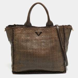 Pre Owned Prada Beige/Brown Woven Madras Leather Large Tote