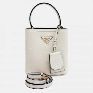 Pre Owned Prada White Saffiano Leather Pannier Tote and Shoulder Bag