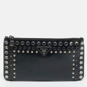 Pre Owned Prada Black Saffiano Vernice Patent Leather Embellished Clutch