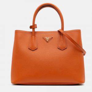 Pre Owned Prada Orange Medium Saffiano Cuir Double Satchel