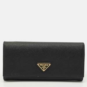 Pre Owned Prada Black Saffiano Metal Leather Triangle Logo Flap Continental Wallet