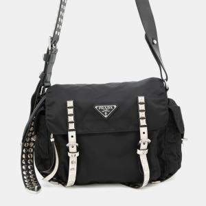Pre Owned Prada Studded Black White Nylon Leather Shoulder Bag
