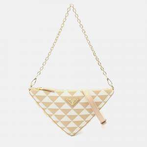 Pre Owned Prada Triangle Triangolo Jacqu Shoulder Bag Canvas Beige White