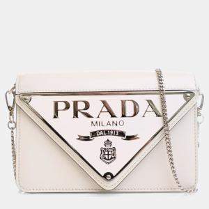 Pre Owned Prada White Spazzolato Triangle Logo Plate Flap Chain Crossbody
