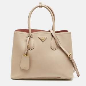 Pre Owned Prada Poudre Beige Saffiano Cuir Leather Large Double Handle Tote