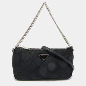 Pre Owned Prada Black Quilted Nylon and Leather Convertible Crossbody Bag