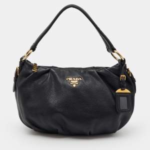 Pre Owned Prada Black Vitello Daino Leather Hobo
