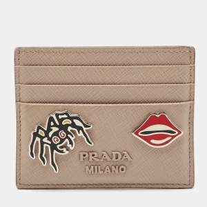Pre Owned Prada Beige Saffiano Metal Leather Embellished Card Holder