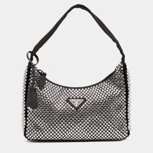 Pre Owned Prada Black Mini Satin Crystal Re Edition 2000 Shoulder Bag