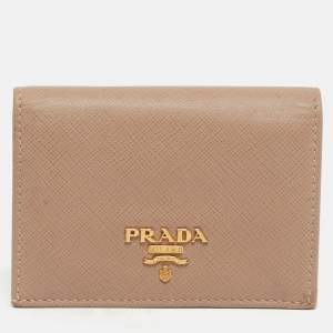Pre Owned Prada Beige Saffiano Metal Leather Bifold Card Case