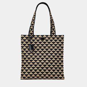 Pre Owned Prada Brown Embroidered Canvas Triangolo Symbole Shopping Tote
