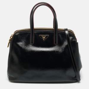 Pre Owned Prada Black Saffiano Vernic Leather Double Zip Satchel