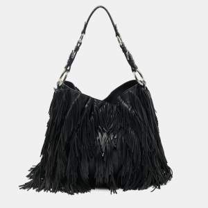 Pre Owned Prada Black Leather Fringe Hobo 