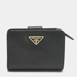 Pre Owned Prada Black Vitello Move Leather French Compact Wallet