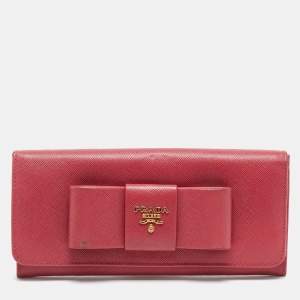 Pre Owned Prada Pink Saffiano Metal Leather Bow Flap Continental Wallet