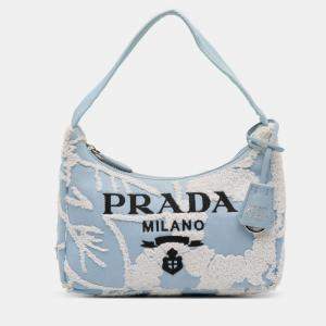 Pre Owned Prada Blue Mini Embroidered Drill Re Edition 2000 Shoulder Bag