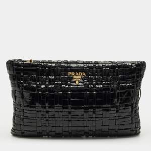 Pre Owned Prada Black Patent Leather Woven Slim Clutch