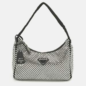 Pre Owned Prada Black Satin Re-Edition 2000 Crystals Shoulder Bag