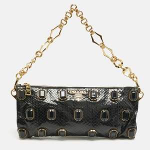 Pre Owned Prada Black Snakeskin Pietre Crystals Embellished Chain Clutch
