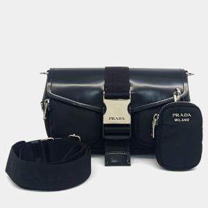 Pre Owned Prada Pocket Re-Nylon Brushed Black Leather Shoulder Bag