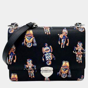 Pre Owned Prada Black/Multicolor Leather Saffiano Saint Robot Flap Bag
