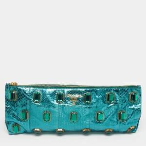 Pre Owned Prada Metallic Teal Snakeskin Whips Pietre Clutch