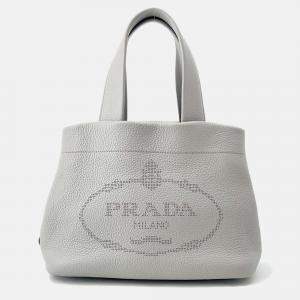 Pre Owned Prada Punching Logo Tote Bag Gray Leather Size Small