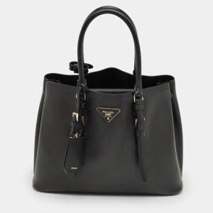 Pre Owned Prada Black Saffiano Cuir Leather Medium Double Handle Tote