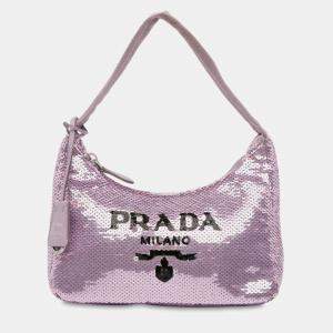 Pre Owned Prada Purple Mini Re Nylon Paillettes Sequin Re Edition 2000 Shoulder Bag