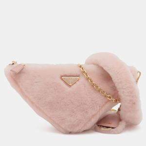 Pre Owned Prada Pink Mini Shearling Triangle Satchel