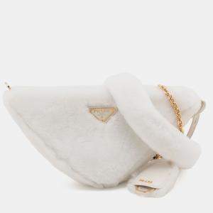 Pre Owned Prada White Mini Shearling Triangle Satchel