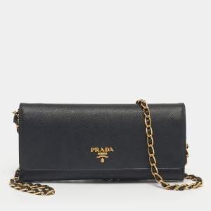 Pre Owned Prada Black Saffiano Metal Leather Logo Wallet On Chain