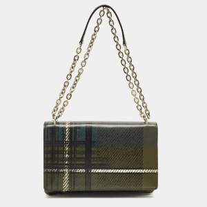 Pre Owned Prada Green Tartan Saffiano Print Leather Chain Flap Shoulder Bag