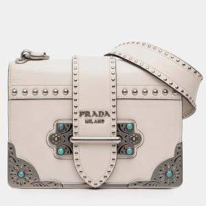 Pre Owned Prada White City Calf Studded Folk Cahier Crossbody
