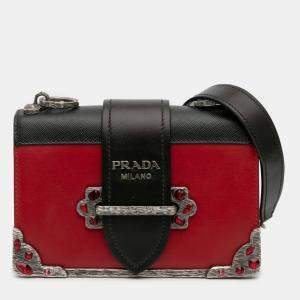 Pre Owned Prada Black/Red Saffiano Trimmed City Calf Crystal Cahier Crossbody