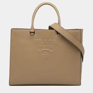 Pre Owned Prada Brown Large Saffiano Lux Embossed Logo Convertible Tote