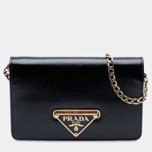 Pre Owned Prada Black Saffiano Vernice Flip Lock Wallet on Chain Clutch