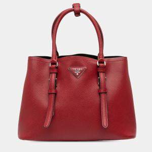 Pre Owned Prada Red Small Saffiano Cuir Double Handle Satchel