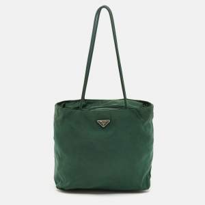 Pre Owned Prada Green Nylon Logo Triangle Zip Tote