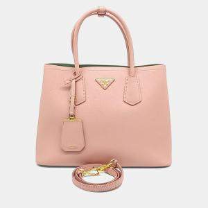 Pre Owned Prada Pink Leather Saffiano Double Tote and Shoulder Bag