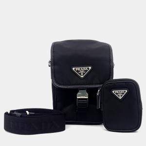 Pre Owned Prada Black Saffiano Leather Tessuto Crossbody Bag